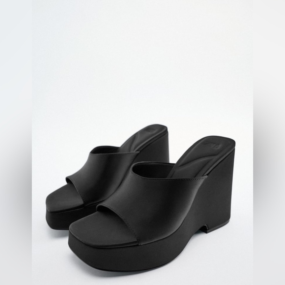 ZARA BLACK SATIN WEDGE SANDALS